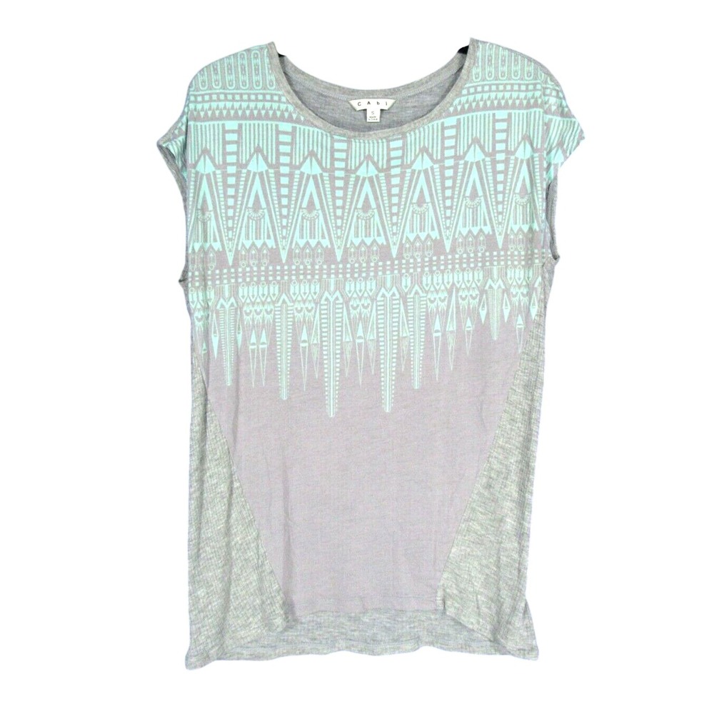 CABI #353 RIBBED KNIT Gray/Mint AZTEC PRINT Pullover SANTA FE TRIBAL TEE/Top S